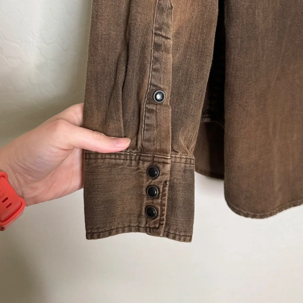 Polo Ralph Lauren Mens Cotton Denim Western Shirt L Brown Snap Front Cowboy